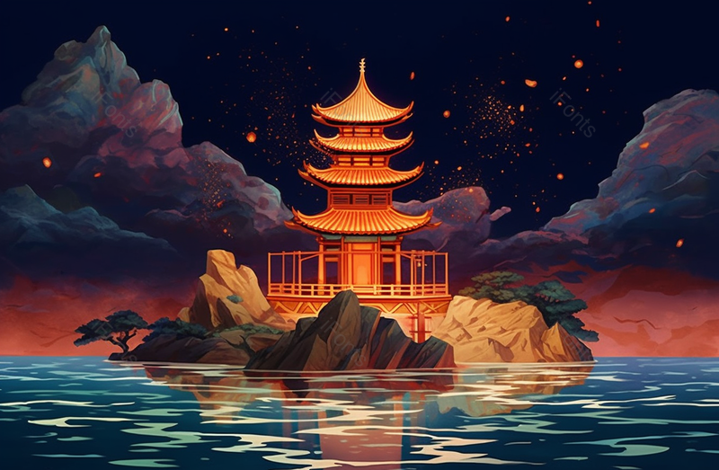 中国风山水凉亭亭台楼阁夜空飘着灯笼下方的湖泊泛起涟漪插画,插画/手绘图,插画/手绘图库,插画/手绘图下载,插画/手绘